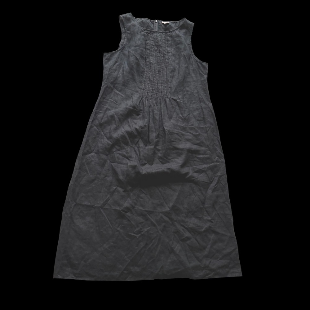 J.Jill Black 100% Linen Pintuck Sleeveless Midi Dress Large 1328204